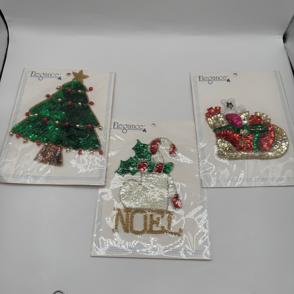 Elegance Christmas Sequin Applique Set of 3 Multi Tree Noel Sleigh Vintage